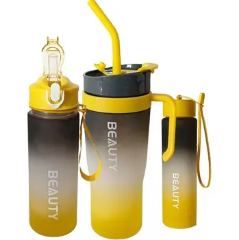 Flamenco Mystique Přenosná láhev na vodu, 1,2 l sada 3 ks s držákem a brčkem, šedo-žlutá