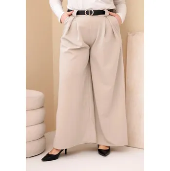 Dámské kalhoty Dámské kalhoty Plus Size viskózové s širokou nohavicí a páskem béžové UNI