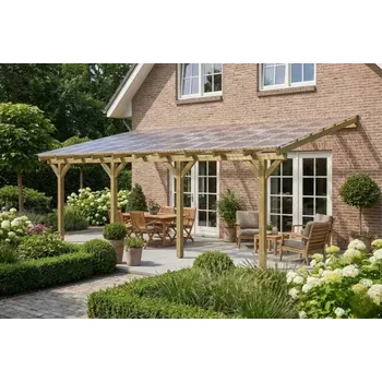 Zahradní stavba Dřevěná pergola ke zdi domu 650x400