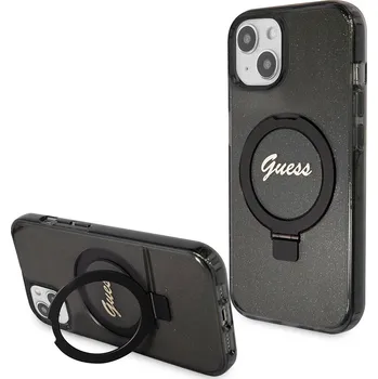 Pouzdro na mobilní telefon Guess - Stojánek na prsten Script Glitter MagSafe (GUHMP15MHRSGSK) - iPhone 15 Plus - černý