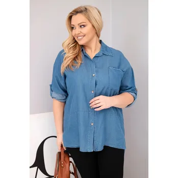 Dámská halenka Dámská košile Plus Size z lyocellu s prodlouženým zadním dílem a rukávem na knoflík džínová UNI