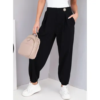 Dámské kalhoty Dámské kalhoty z bavlny s vysokým pasem a ozdobným knoflíkem černé UNI