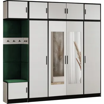 Šatní skříň Šatní skříň s nástavcem DIOR 15 bílá + zelená látka sedák