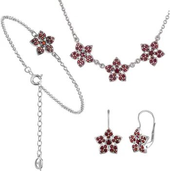 Souprava šperků Stříbrný set šperků 1406 s českým granátem, rhodiovaný - květina Zapínání: balónek