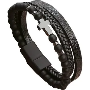 Náramek Černý pánský náramek s křížem