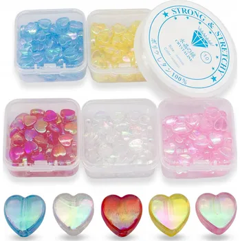 Dětské navlékací korálky Akrylová sada Korálky v nádobkách, Srdce, Mix, 8x8x3 mm, 200 ks