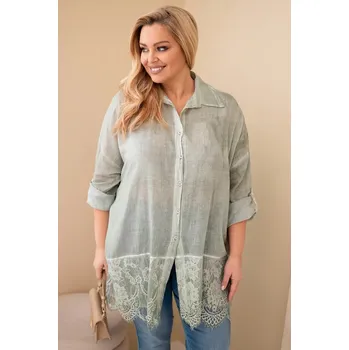 Dámská halenka Dámská košile Plus Size bavlněná s krajkovým zakončením khaki UNI