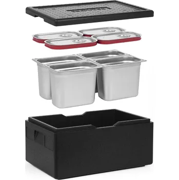 TECHNICA [Sada] Izolovaná nádoba GN 1/1 200 mm + 4x nádoba GN 1/4, 200 mm, z nerezové oceli + víka se silikonovým těsněním