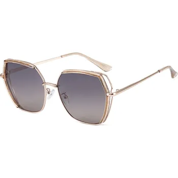 Sluneční brýle Techsuit - Sluneční brýle polarizační (9768) - šestihranné, s UV ochranou a kovovým rámečkem - šanpán / šedá