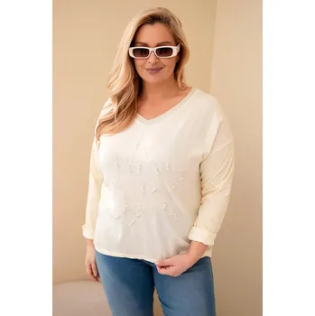 Dámská blůza Plus Size s potiskem a perlami žlutý UNI