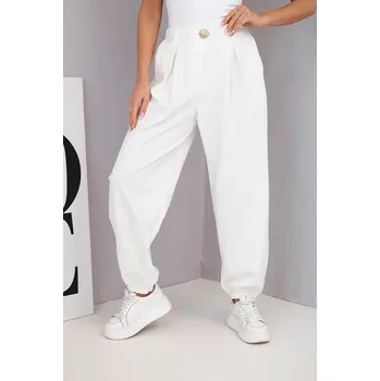 Dámské kalhoty Dámské bavlněné kalhoty s vysokým pasem a ozdobným knoflíkem ecru UNI