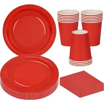 56dílná sada červeného párty nádobí, papírové talíře, hrnky a ubrousky pro 16 hostů, sada nádobí na