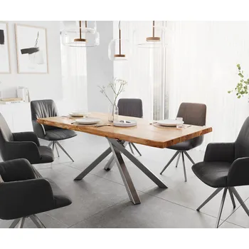 Jídelní stůl DELIFE Jídelní stůl Edge 200x100 XL akácie přírodní křížová podnož obdélník nerezová ocel Live-Edge