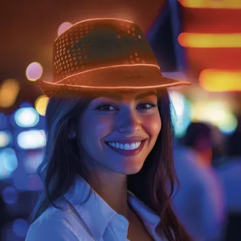 Karnevalový doplněk Klobouk s flitry LED svítící oranžový