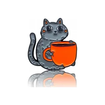 Příslušenství pro přípravu kávy Pinbox - Kočka s šálkem kávy - kovová brož