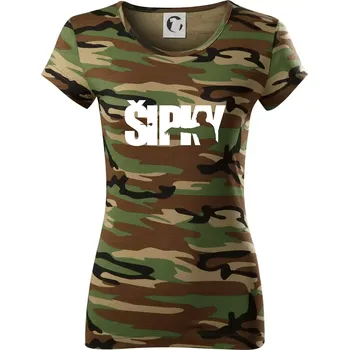 Šipky - nápis se šipkařem - Dámské maskáčové triko - XL ( Hnědý maskáč )