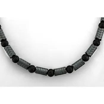 Náhrdelník Pánský originální náhrdelník z matého šedého hematitu a černé lávy QA "ochrana, prosperita a štěstí" (HEL394S)