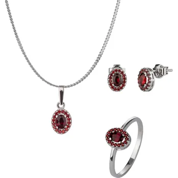 Souprava šperků Stříbrný set šperků 1450 s českým granátem, rhodiovaný - ovál Velikost: 54, Zapínání: balónek, Délka řetízku: 40 cm