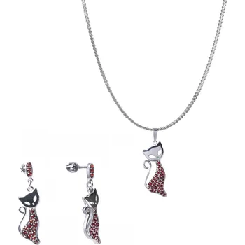 Souprava šperků Stříbrný set šperků 1246 s českým granátem, rhodiovaný - zvíře - kočka Zapínání: balónek, Délka řetízku: 50 cm
