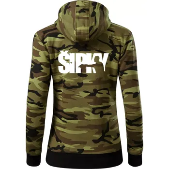 Dámská mikina Šipky - nápis se šipkařem - Dámská mikina trendy zipper s kapucí - S ( Zelený maskáč )