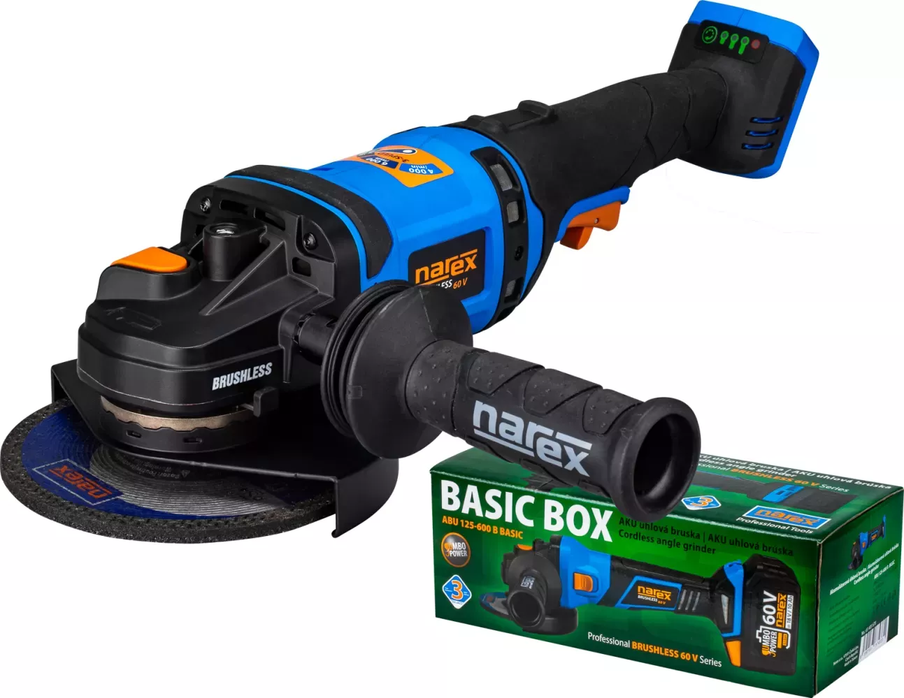 Narex ABU 150-600 3B akumulátorová úhlová bruska BASIC BOX, 60V