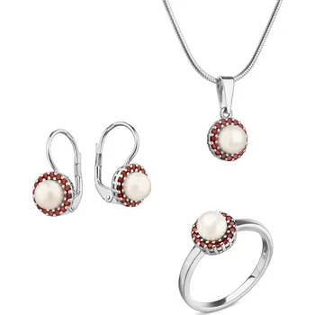 Souprava šperků Stříbrný set šperků 1465 s českým granátem a perlou, rhodiovaný - kruh Velikost: 58, Zapínání: puzeta, Délka řetízku: 45 cm