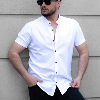 Pánská košile Bílá pánská košile s krátkým rukávem a slim stojáčkem, letní elegantní vel.
