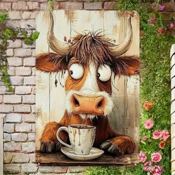 Plechová cedule BAF Plechová cedule Veselá káva s krávou 30 x 20cm. POŠKOZENO