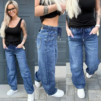 Dámské kalhoty DENIM kalhoty s gumou Velikost: XL, Barva: Modrá