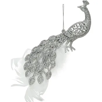 Vánoční dekorace Závěsná vánoční dekorace třpytivý páv, stříbrná