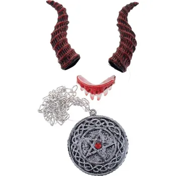 Karnevalový doplněk Sada čert démon rohy, zuby a medailon