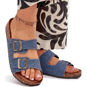 Dámská obuv NAZOUVÁKY NA KORKOVÉ PLATFORMĚ, DVA NASTAVITELNÉ PÁSKY, PŘEZKY, TMAVÝ JEANS, VELIKOST 37