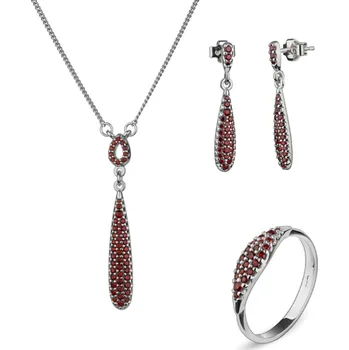 Souprava šperků Stříbrný set šperků 1432 s českým granátem, rhodiovaný - kapka Velikost: 58, Zapínání: puzeta