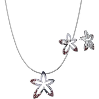 Souprava šperků Stříbrný set šperků 1253 s českým granátem, rhodiovaný - květina Zapínání: puzeta, Délka řetízku: 45 cm