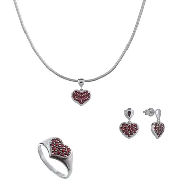 Souprava šperků Stříbrný set šperků 1390 s českým granátem, rhodiovaný - srdce Velikost: 60, Zapínání: balónek, Délka řetízku: 45 cm