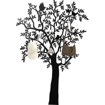 Věšák HOMCOM Nástěnný věšák, nástěnný háček na kabáty, design stromu s ptáky, černý