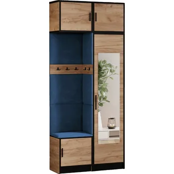 Šatní skříň Šatní skříň s nástavcem a zrcadlem DIOR 11, sedák dub c. + modrá látka