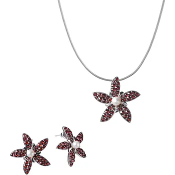 Souprava šperků Stříbrný set šperků 1178 s českým granátem a perlou, rhodiovaný - květina Zapínání: puzeta, Délka řetízku: 45 cm