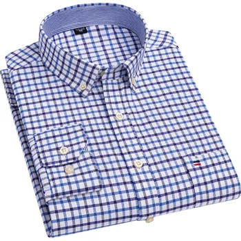Pánská košile Pánská košile s límečkem a kapsičkou Kostkovaný jednobarevný vzor Bavlněná košile na knoflíky pro každodenní nošení modrá L