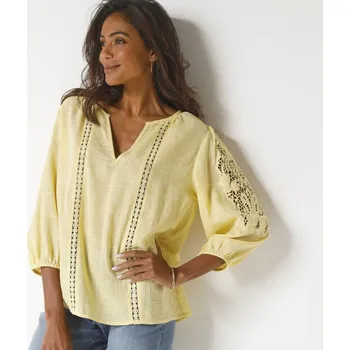 Dámská halenka Jednobarevná halenka s macramé a ažurovou výšivkou žlutá 54