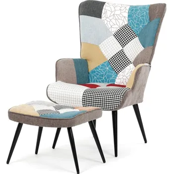 Křeslo Relaxační křeslo ušák s taburetem ROYAL II — kov, látka, patchwork