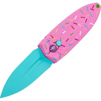 kapesní nůž Bestech QUQU 14C28N Modrý lakovaný hliník Růžový, potištěný vzor posypu, tlačítková pojistka BG57C-2