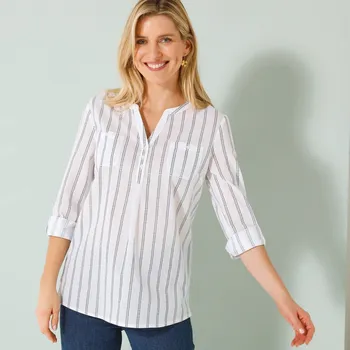 Proužkovaná tunika s výstřihem na knoflíčky bílá/nám.modrá 58