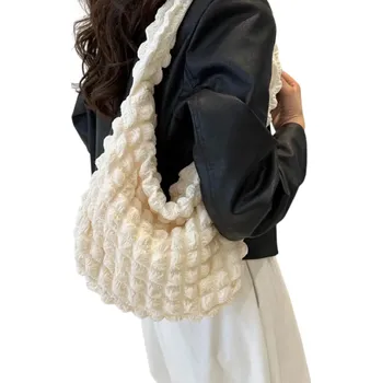 Kabelka Dámská vyšívaná kostkovaná taška přes rameno 32 x 11,5 x 60 cm Lehká látková kabelka z nylonu a akrylu béžova