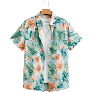 Pánská košile Pánská košile krátký rukáv Letní provedení Potisk palm a květů Zapínání na knoflíky Výstřih do V Polyester a spandex XL