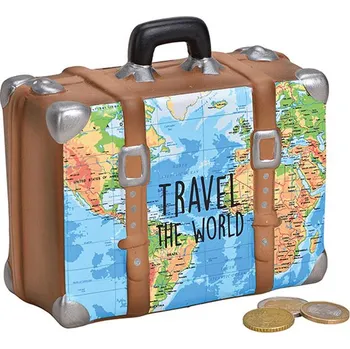 Žertovný předmět Pokladnička cestovní kufr s mapou světa