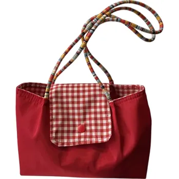 Kabelka Dámská taška přes rameno červená Kostkovaný vzor Lehká textilní kabelka na každý den Materiál nylon a polyester Módní doplněk
