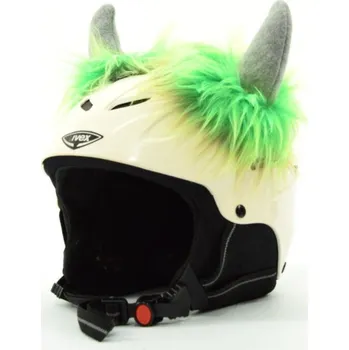 velforia Nalepovací ozdoba na lyžařskou helmu – Šedé rožky se zeleným chlupatým efektem