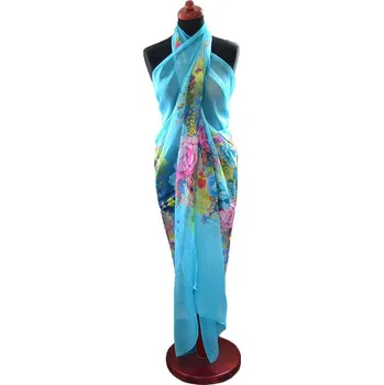 Šátek Pareo dámské - tyrkysové s květinovým potiskem