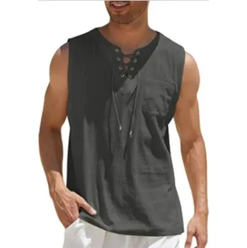 Pánské tílko Pánské tílko bez rukávů Jednobarevné provedení Kapsička Zavazování na tkaničku Výstřih do V Lehký polyester šedá L